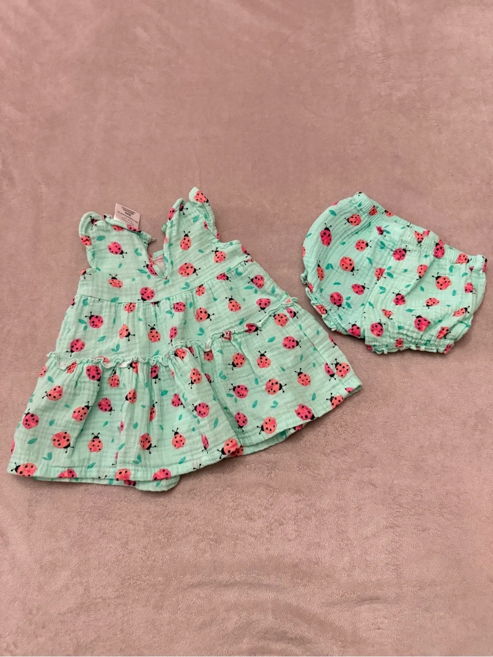 Koala Baby 2 Pc Ladybug Outfit 3 Months Mint Green Dress Bloomer Set 100% Cotton